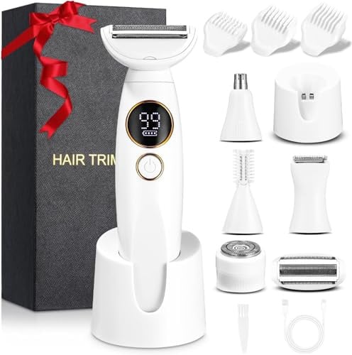 Rasierer Damen, 5-in-1 Intimrasierer für Frauen, Damenrasierer Elektrisch, mit USB-Ladestation, Rasierer Damen Elektrisch, für Körper, Achseln, Bikini, Augenbrauen und Nase, USB-Aufladung