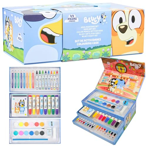 Bluey Malkoffer für Kinder Malset mit Buntstifte Wachsmalstifte Wasserfarben Künstlerbedarf Kinder - Malkasten Geschenke für Kinder (Blaues 3-stöckiges)