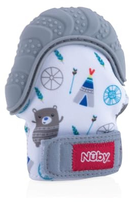 Nuby Beruhigender Fäustling zum Zahnen mit hygienischer Reisetasche, Grau