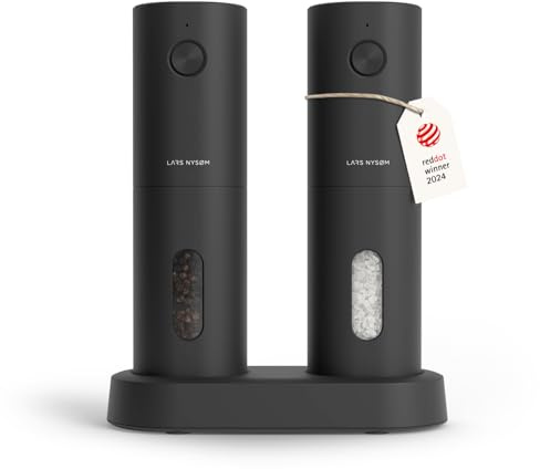 LARS NYSØM Salz und Pfeffermühlen Elektrisch Set I Keramikmahlwerk fein bis grob I USB Wiederaufladbar mit Ladestation I Automatische Salz und Pfefferstreuer I Gewürzmühlen Set (Carbon Black)