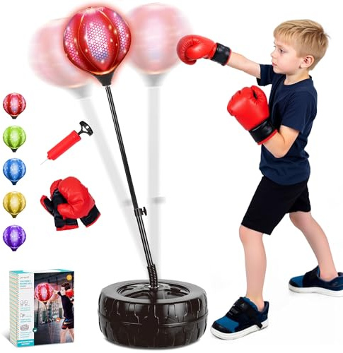 JOY SPOT! LED Boxsack mit Ständer, Höhenverstellbar Punchingball für Kinder, Boxen Set inkl. Boxhandschuhe & Pumpe, Leuchtender Punching Bag für Erwachsene, Boxball-Set Spielzeug für Speed Training