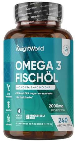 Omega 3 Weichkapseln - 2000mg Fischöl mit 1100mg Omega-3, 660mg EPA & 440mg DHA pro Portion - 240 Omega 3 weich Kapseln - Fish Oil - Frei von Gluten, Gentechnik, Laktose - WeightWorld
