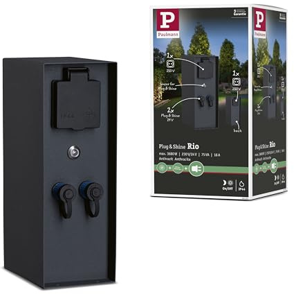 Paulmann 94701 Plug & Shine Außenleuchte Zubehör Steckdosensäule Rio mit Dämmerungssensor IP44 Anthrazit Anschlüsse 2x 230V 2x Plug & Shine 24V