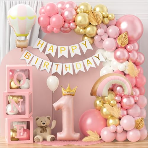 Geburtstagsdeko 1 Jahr Mädchen Rosa | Deko 1. Geburtstag Mädchen Ballonbox | Folienballons Happy Birthday Girlande Luftballon Girlande Rosa für Erster Geburtstag Kinder 1. Geburtstag Mädchen