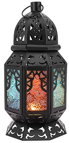 Lewondr Laterne Kerzenhalter, Klein Größe Marokkanisch Stil Metall Windlicht mit Henkel und Glasmalerei Dekorativ Laternen für Wohnung Garten Weihnachten Allerheiligen Halloween Ramadan - Schwarz