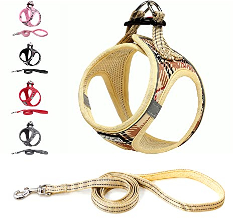 Suredoo Hundegeschirr Kleine Hunde mit Leine, Anti Zug Geschirr Reflektierend Atmungsaktiv Brustgeschirr, Welpengeschirr für Kleine Hunde (Beige, M, Brust: 34-39cm)