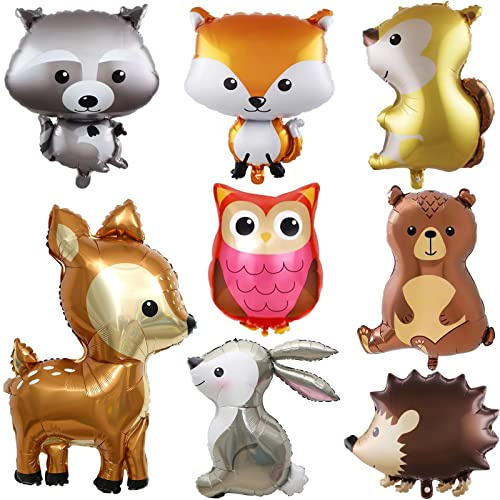 OSDUE Folienballon Waldtiere, 8 Stück Luftballons Tiere, Tierkopf Riesenballon, Geburtstag Party Deko Lgel, Fuchs, Waschbär, Eichhörnchen, Dschungelbär, Dschungelhirsch, Dschungelhase, Eule