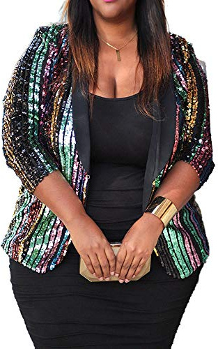 VERWIN Damenblazer, Übergröße, Pailletten, Dreiviertelärmel, Farbblock, Schalkragen, lässiger Blazer