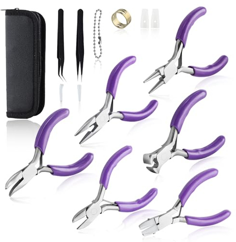 SPEEDWOX 6 Stück Mini-Schmuckzangen-Set, 3 Zoll, Set mit Flachbackenzangen aus Nylon, doppelte Nasenzangen, runde Pinzetten, lange Nasenklammern, mit Cutter, diagonale Nasenzangen
