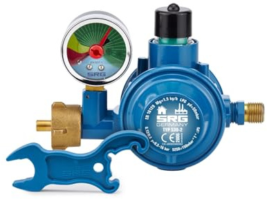 Rotarex 2-stufiger Niederdruckregler 50 mbar inkl. Gasflaschenschlüssel für LPG-Grill und Heizung mit Manometer zur Restgasanzeige und Leckagekontrolle