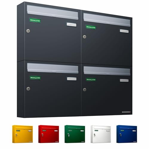 AL Briefkastensysteme Basic 4er Briefkasten RAL 7016 Anthrazit Grau/Einwurfklappe RAL 9006 Weiß Aluminium 4 Fach DIN A4 wetterfest mit Posthaltebügel und 2 Namensschildern