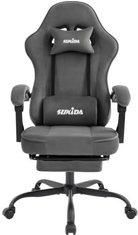 SUKIDA Gaming Stuhl Stoff, Ergonomischer Gaming Chair mit Fußstütze, Verstellbarer Racing Computerstuhl mit Lordosenstütze, Grau Ergonomisch PC-Stuhl