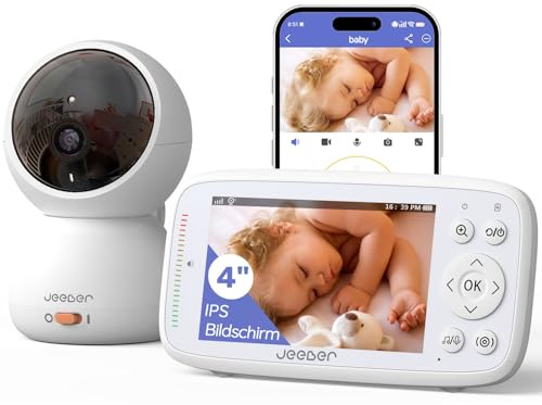 jeeber 360 Grad Babyphone mit Kamera, 4'' IPS WLAN Video Babyfon, Nachtsicht, 2 Wage Audio, Bereich alarme, Temperatur, 500m hohe Reichweite Baby Kamera und APP ohne ABO