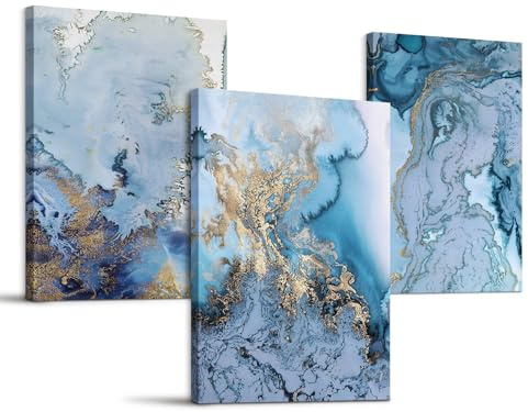 hyidecorart Abstrakte Bilder Leinwand mit Rahmen 30x40 cm 3er Set Deko Schlafzimmer, Wandbilder Wohnzimmer Modern Natur Kunstdruck Blau Golden Marmor Gemälde Flur Badezimmer Wohnung Büro Villa