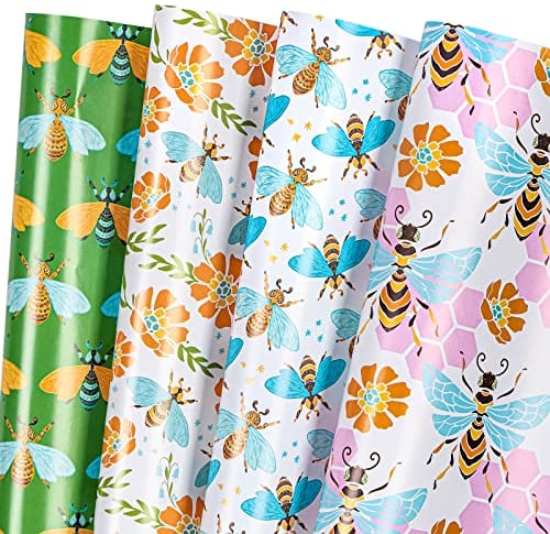 MAYPLUSS Geschenkpapierbogen – 12 flach gefaltet – bunte Biene – 50 x 69,8 cm pro Bogen