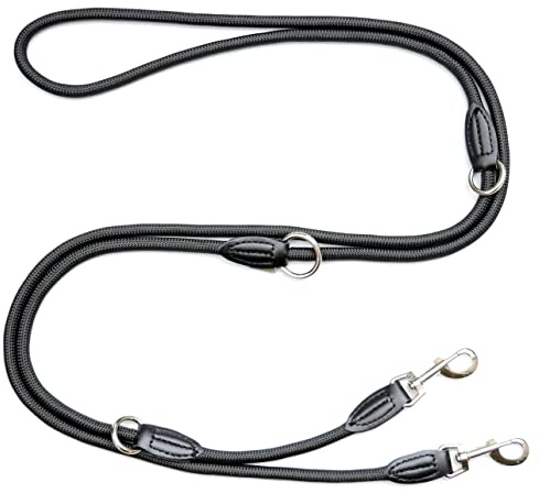 Leisegrün Verstellbare Hundeleine 3m - Robuste Nylon Doppelleine für mittelgroße bis große Hunde, 200kg Zugkraft, 2 Karabiner - Schwarz