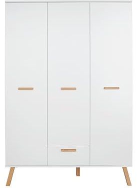 trendteam smart living - Mats - Wardrobe - Weiß - Kleiderschrank mit 3 Türen, 1 Schublade, 2 Kleiderstangen - (BxHxT) 130 x 190 x 60 cm - mit lackierten Massivholzfüßen und Griffen