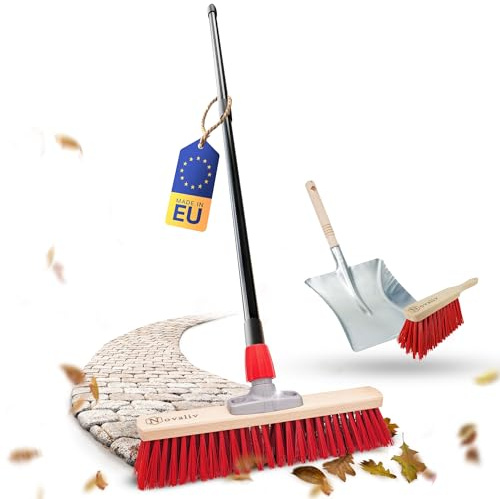 Novaliv Straßenbesen Set 40 cm I Besen Kehrblech und Handfeger Teleskopstiel I Elaston rot I mit Stiel ausziehbar I Industriebesen Kehrbesen Gartenbesen Hofbesen