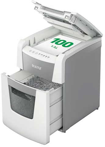 Leitz IQ Autofeed Small Office Aktenvernichter, 100 Blatt Papierstapel schreddern, Zeit sparen mit automatischem Einzug, Mikroschnitt P5, 34L Abfallbehälter, Leiser Betrieb für Büro, 80120000