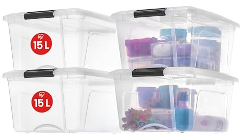 Iris Ohyama, Aufbewahrungsboxen mit Deckel, Kunststoffboxen, Plastikbox, Box mit Deckel, 15L, 4er-Set, Transparent, Verschlussclips, Stapelbar, Organisation, BPA-frei, Plastikboxen, Kisten, NTB-15