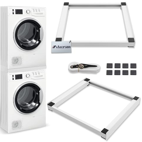 Allyson Zwischenbaurahmen für Waschmaschine & Trockner, 100% Metall Set | Ratschen-Spanngurt, 8 Anti-Rutsch-Pads, Schraubendreher, ohne Bohren, bis ca. 250 kg, für Wärmepumpentrockner, Bad & Keller
