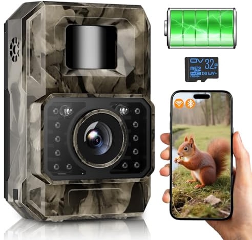 MAXDONE Wildkamera mit Bewegungsmelder Nachtsicht, 4K 64MP WLAN Bluetooth Wildkamera mit Handyübertragung App, Wildtierkamera mit 2000mAh Akku, Nachtsichtkamera 0,1s Auslösezeit, IP66 Wasserdicht