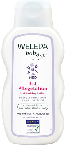 WELEDA Bio Baby Med 3in1 Pflegelotion Weiße Malve - Naturkosmetik Pflegelotion mit Kokosöl & Kakaobutter für hochsensible/neurodermitische Haut. Natürliche Körpflege Lotion für Babys (vegan, 200ml)