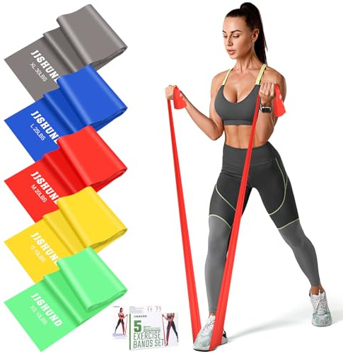 Fitnessbänder Set 5er, 1.5M Gymnastikband Resistance Bands in 5 Stärke Fitnessband Widerstandsbänder mit Übungsanleitung für Pilates Yoga Krafttraining für Männer und Frauen