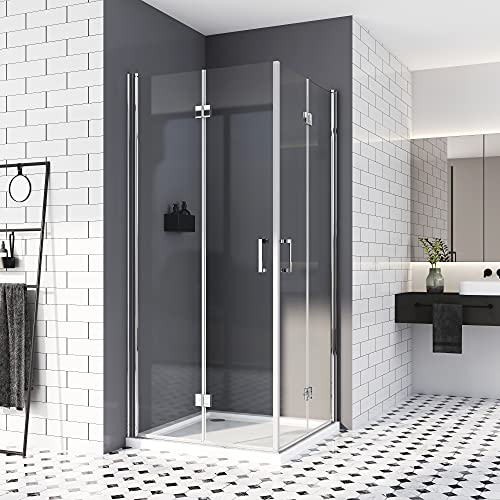 Duschkabine 90x100,Eckeinstieg Dusche Falttür 180º Duschabtrennung 6mm Nano-Beschichtung ESG Glas 195cm