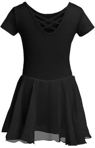DGSHIRLDJO Kinder Ballettkleidung Mädchen Kurzarm Baumwolle Ballettkleid Balletttrikot Tanzkleid Tanzbody mit Chiffon Rock Tütü (DE/NL/SE/PL, Numerisch, 140, Regular,schwarz)
