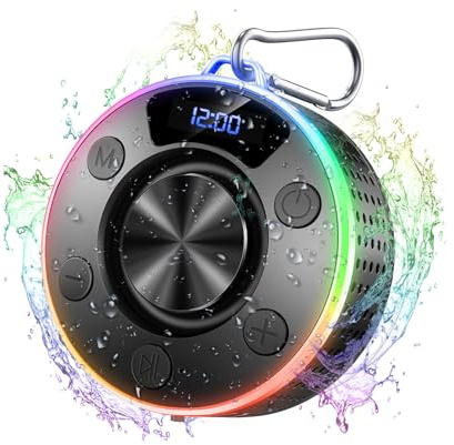 Bluetooth-Lautsprecher, Tragbare Bluetooth 5.3 Lautsprecher mit Stereo-Sound, Kabelloser LED-Lichtlautsprecher mit Saugnapf, IPX7 Wasserdicht Musikbox Tragbare für Badezimmer, Bergsteigen, Reisen