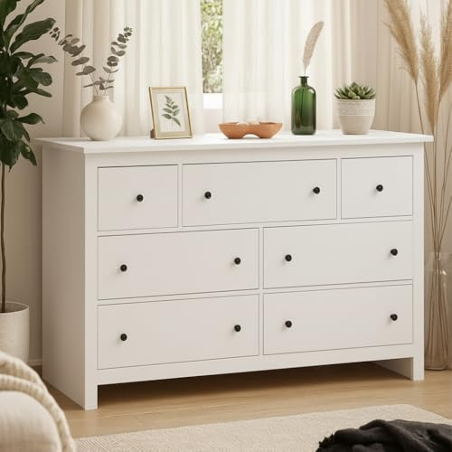 LARFOEK Kommode Weiß mit 7 Schubladen, 152 cm Breit Sideboard mit Große Stauraum, Kommodenschrank Aufbewahrungskommode für Schlafzimmer, Wohnzimmer, Küche, Flur