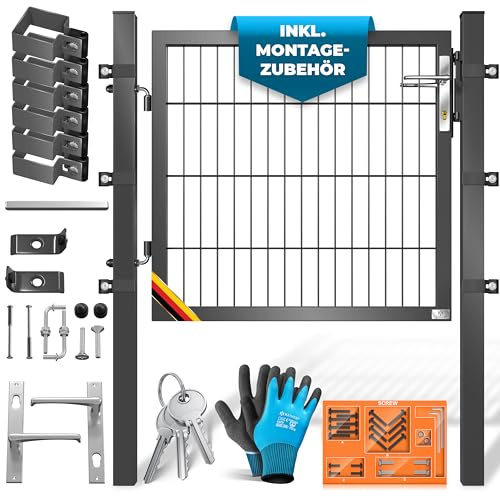 KESSER® Gartentor Premium Gartentür aus Metall verzinktem Stahl, Gartentür für Stabmattenzaun Zauntor, Hoftor, inkl. Pfosten mit Schloss Türklinke, Schlüssel & Montagezubehör, 80 x 106 cm, Anthrazit