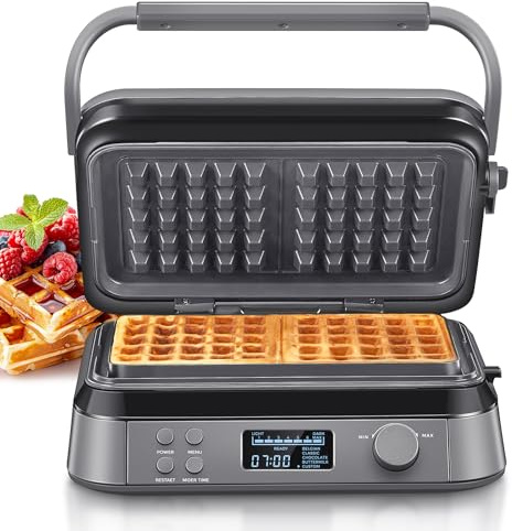 Waffeleisen 1600W, Doppelwaffeleisen für Belgische Waffeln, 5 Programme, 7 Bräunungsstufen, Steuerung über LCD Display, Timer, Praktische Überlaufrille, Edelstahl