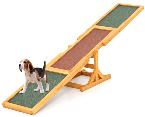 GYMAX Hunde Agility Wippe, Holz Hundewippe mit Rutschfester Rampe, Agility Training Hundesport für Innen- und Außenbereiche, Hof, Rasen (Grau)