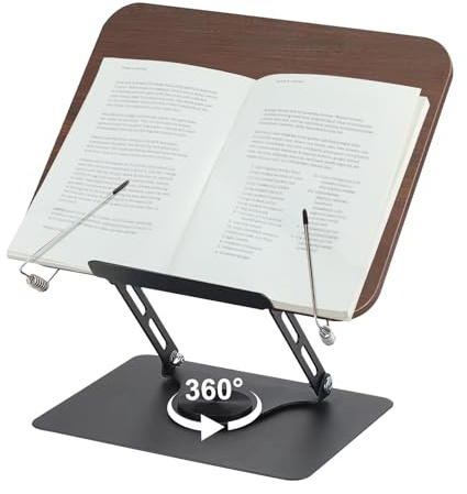 comfoyar Buchständer Holz zum Lesen Verstellbarer mit 360° Drehfuß | Faltbar Buchhalter mit Elastischen Seitenklammern, Kochbuch Display Ständer für Lehrbuch Rezept Tablette Büro Musik Partitur