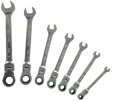 Eclipse Professional Tools ERWFLEX7PS 7-tlg. Kombi-Ratschenringschlüssel-Set mit flexiblem Kopf – 8–19 mm, Chrom-Vanadium-Stahl, 90 Zähne, Satin-Finish, für Auto, SHK & Mechanik