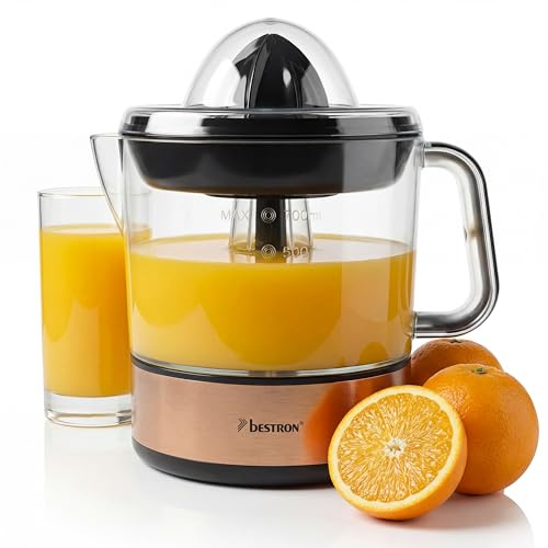 Bestron elektrische Zitrus- & Orangenpresse, inkl. 2 Presskegel und Aromadeckel, Motor mit zwei Drehrichtungen (links/rechts), Füllmenge: 0.7 Liter, 40 Watt, Farbe: Kupfer