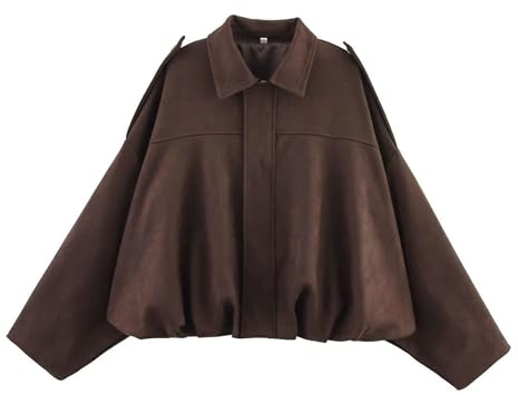Xunger Damen Faux Wildleder Bomberjacke Frühling Revers Pilotenmantel Casual Oversized Lange Ärmel Trendy Streetwear Oberbekleidung, Kaffee, Klein