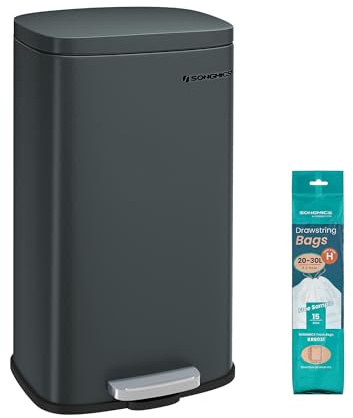 SONGMICS Mülleimer Küche, 30 Liter, Abfalleimer, Treteimer, mit Deckel, Softclose, Fußpedal, Stahl, Inneneimer, grüngrau LTB03GS