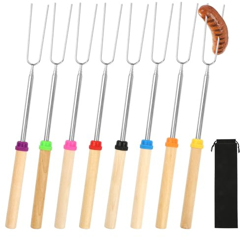 Grillspieße Edelstahl 8 Stück，Teleskop Stockbrot Spieße mit Isolierten Griffen, 31-81cm Lagerfeuer Spieße Lang,für Camping Grill BBQ Gartenparty