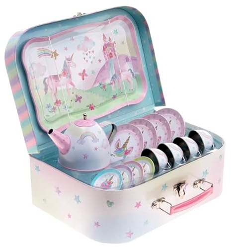 Jewelkeeper - Kinderspiel Zinn Teeservice und Tragetasche, Kindergeschirr Spielküche, 15-teilig - Party-Einhorn-Design