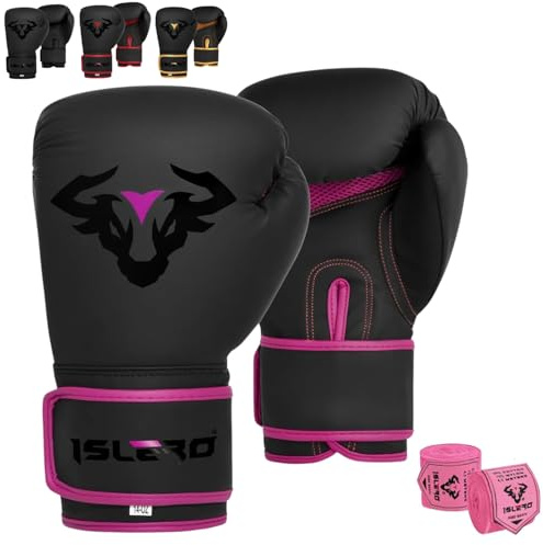 Islero EVO Fitness Boxhandschuhe für Herren, Boxsack, Damen, Pink, MMA, Muay Thai, Kampfsport, Kickboxen, Sparring, Training, Kampfhandschuhe mit Handbandagen (284 g, Rosa)