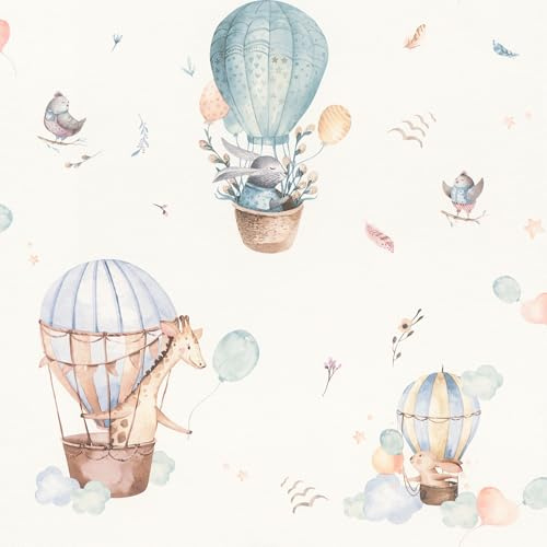 Rasch Kindertapete Heißluftballon Kids World II - Verspielte Vliestapete Wolken in Beige Braun Türkis für ein natürliches Wohnambiente in Kinderzimmer, Spielzimmer und Schlafzimmer - 10,05 m x 0,53 m