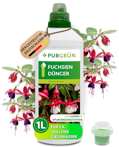 Purgrün® Fuchsien-Dünger 1 Liter – Mit Guano für leuchtende Blüten – Organisch-mineralische Rezeptur – Premium-Flüssigdünger mit Spurennährstoffen – Ergiebiges Konzentrat für 200 Liter Wasser