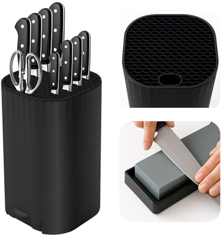 Messerblock Ohne Messer, Qoosea 4 in 1 Universal Abnehmbar Messerhalter Messer Schere Organizer mit Schleifstein, Unbestückte Messerblöcke für alle Küchenmesser Geeignet -Schwarz