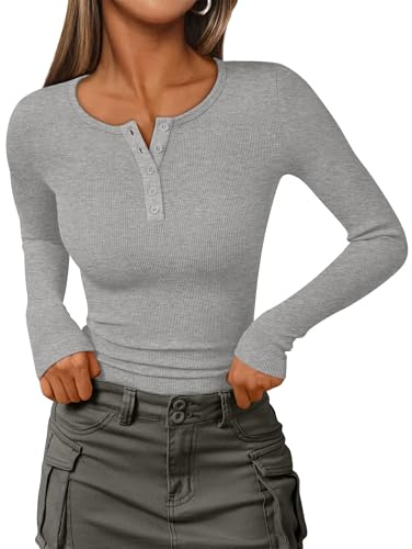 IEEILULU Langarm-Strick-Oberteile Damen gerippt Henley Shirts V Hals Button Down Blusen Damen Casual Slim Fit Basic Tunika
