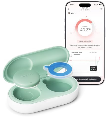 Momcozy Fieberthermometer Baby, Digitales Smartes Baby Thermometer mit App, ±0.1°C Präzision, Kontinuierliche Überwachung für Neugeborene, Hypoallergene 3M Pflaster, 180h Akku