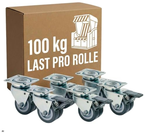 MR. DEKO Strandkorb-Rollen 6er Set mit Feststeller | Strandkorbrollen Ø52 mm Terrasse | Doppellenkrollen Schwerlast-Rollen 100kg | Gartenmöbel-Rollen Set 6 Stück Rostfrei
