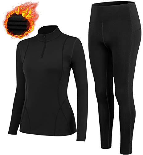 TBoonor Thermounterwäsche für Damen Skiunterwäsche Set mit Fleece-Futter | Thermo unterwäsche damen winddichter Stehkragen warm hautfreundlich bequem Funktionsunterwäsche für Joggen & Skifahren